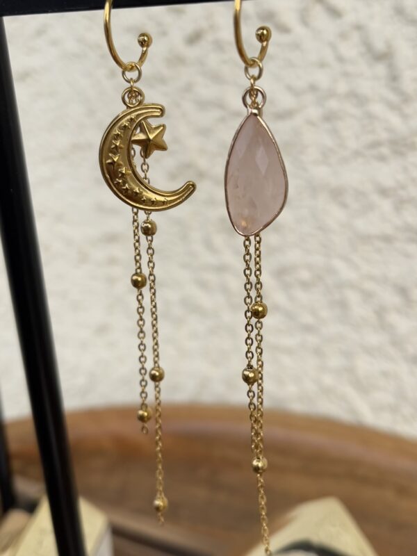 Boucles d'oreilles Talismans 7 - lune et quartz rose